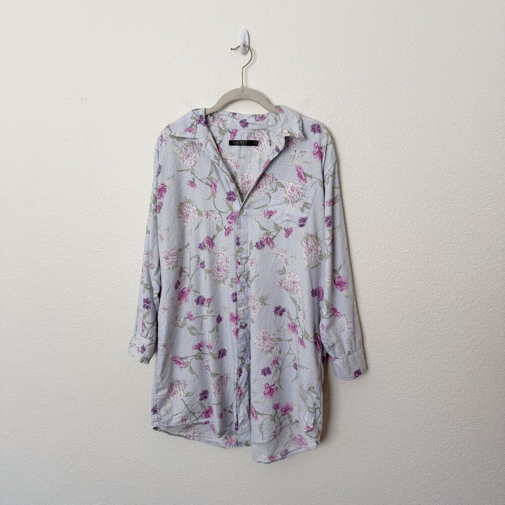 [Lauren Ralph Lauren] Blue Floral Embroidered Cottagecore Nightshirt Sz Medium M